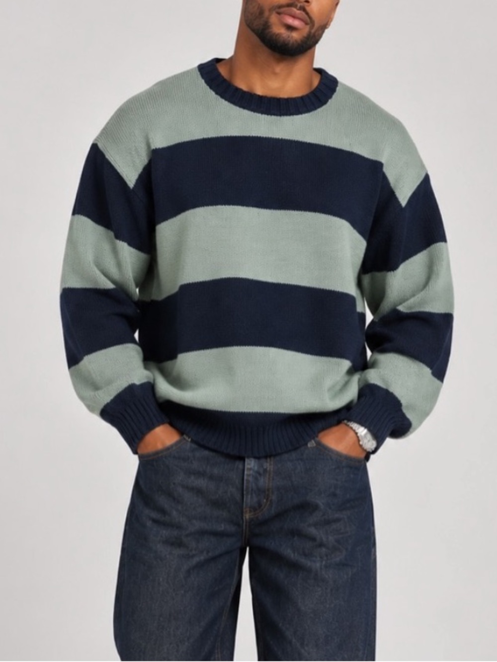 Hollister Preppy Men's Wide Stripe Crewneck Sweater in Navy and Sage